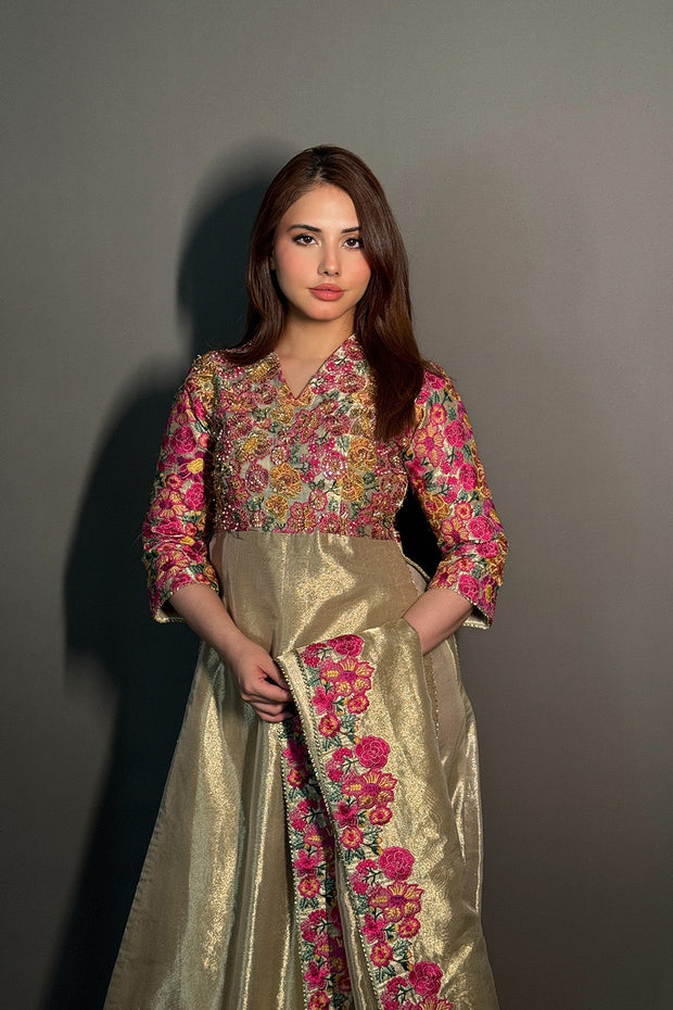 Gold Embroidered Tissue Ensemble Pakistani Designer Dress