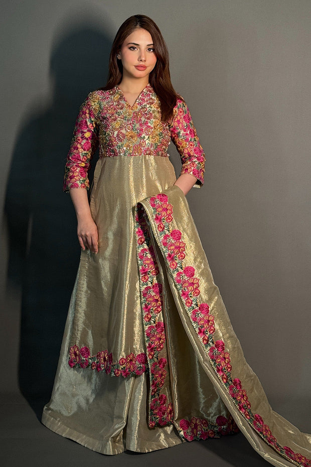Gold Embroidered Tissue Ensemble Pakistani Designer Dress