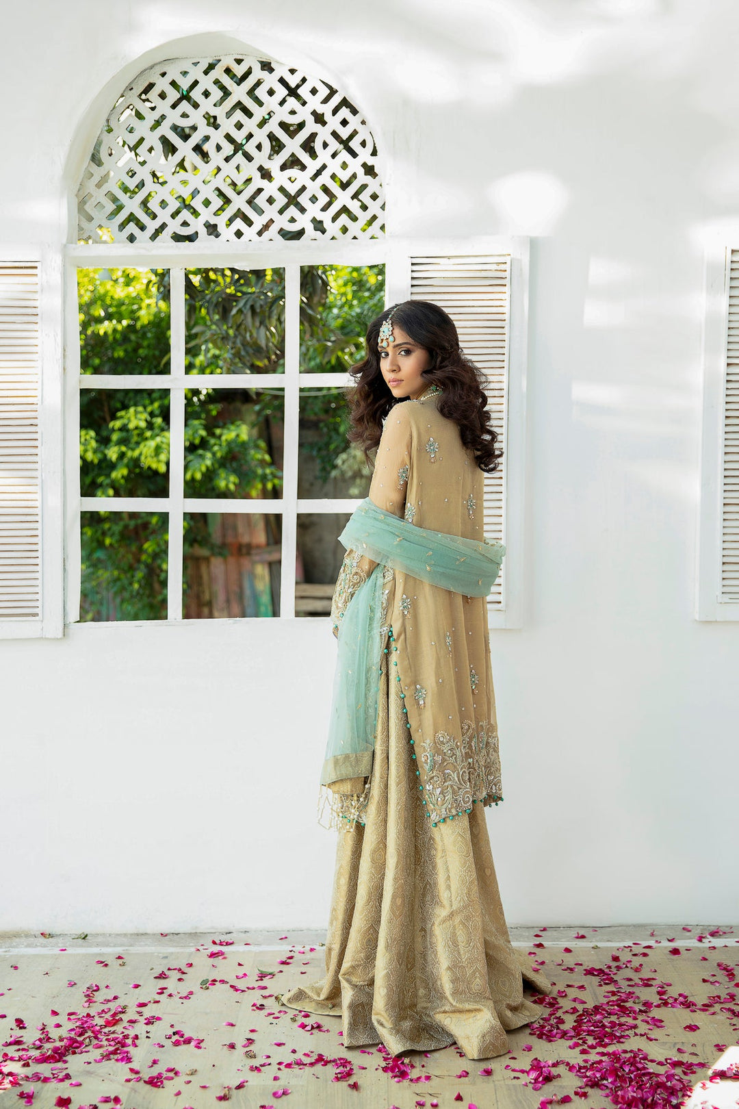 Elegant Golden Pakistani Bridal Dress with Embroidery