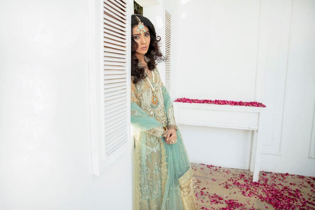 Elegant Golden Pakistani Bridal Dress with Embroidery
