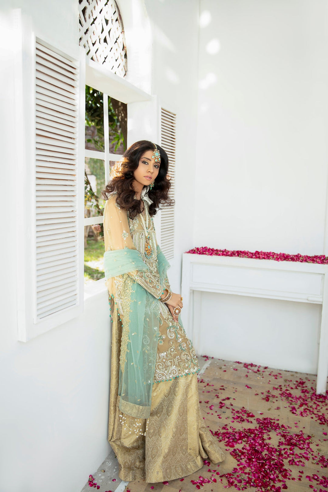 Elegant Golden Pakistani Bridal Dress with Embroidery
