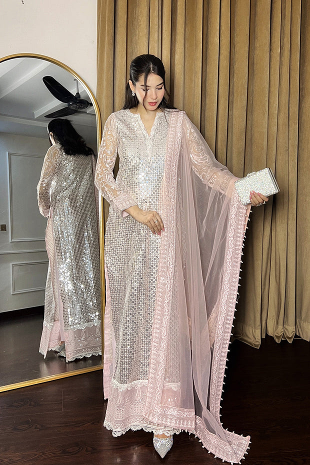 Pink Embroidered Organza Ensemble With Dupatta Pakistani