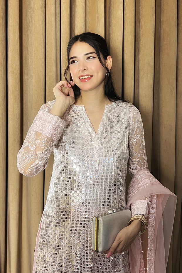 Pink Embroidered Organza Ensemble With Dupatta Pakistani