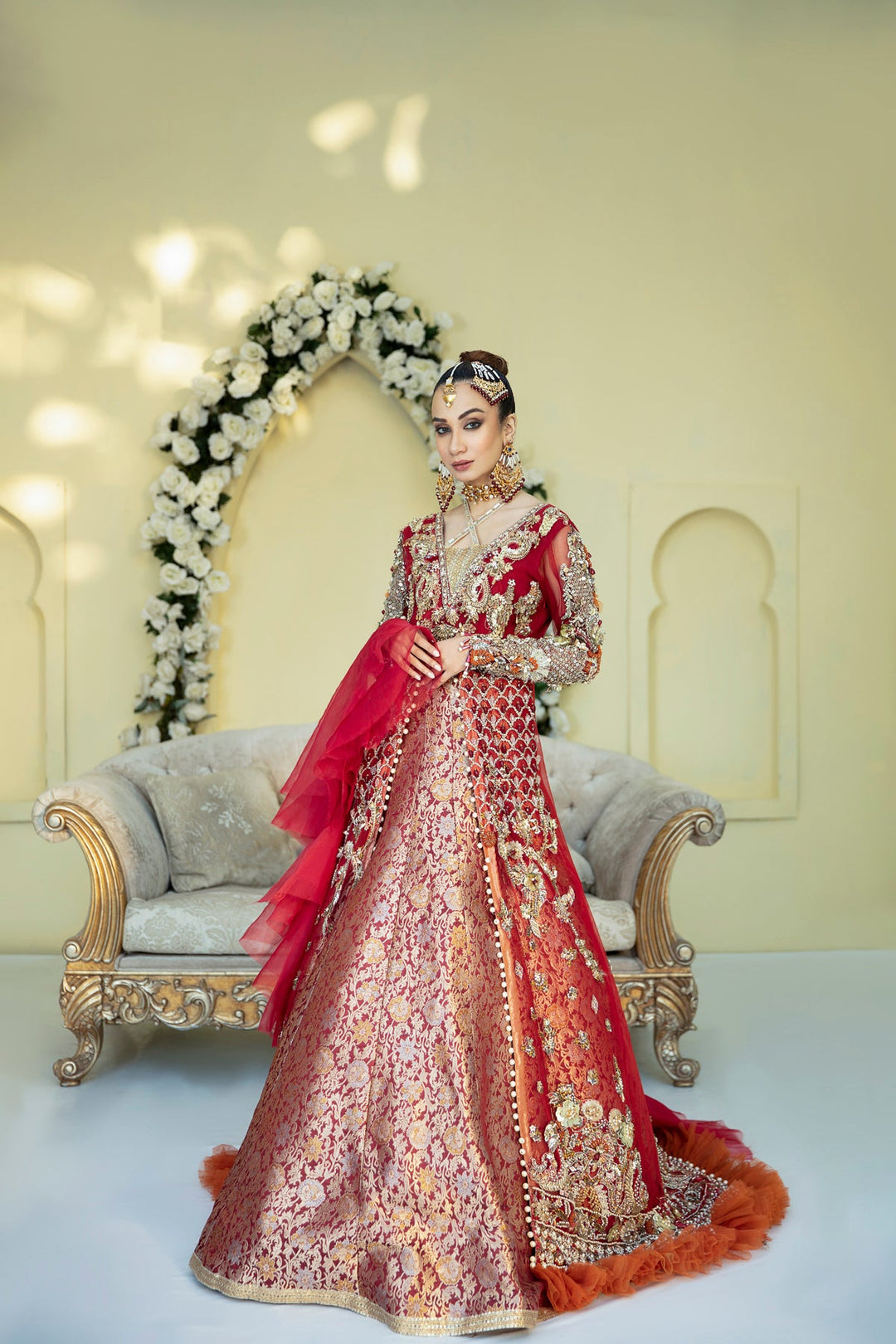 Regal Deep Red Pakistani Bridal Dress with Lehenga