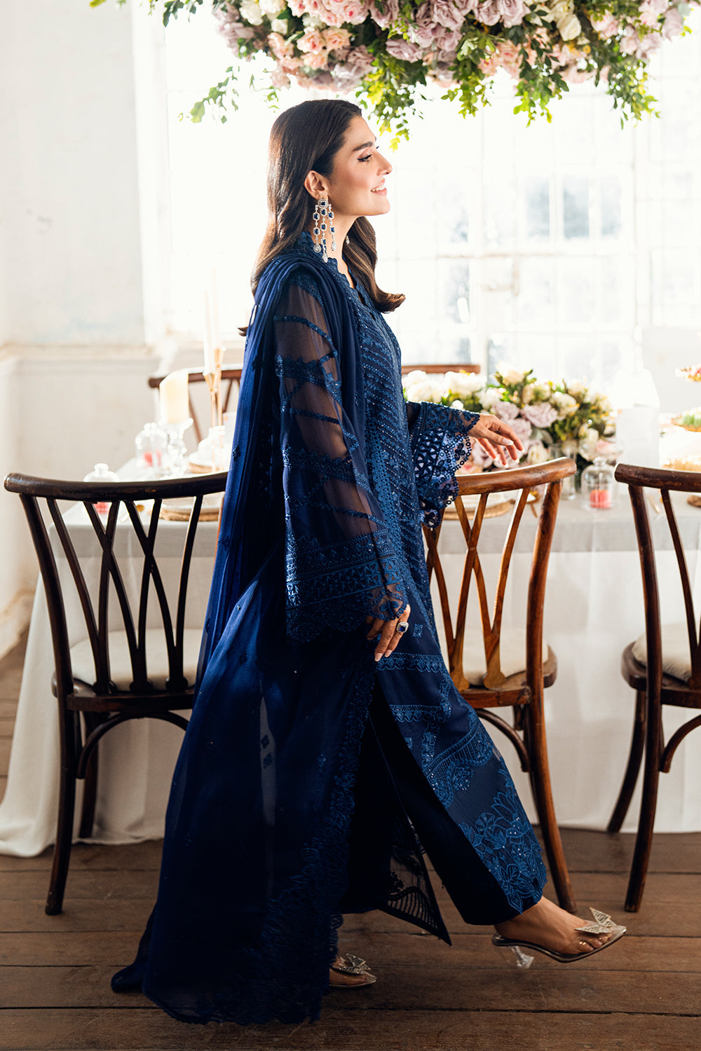 Elegant Navy Blue Sequins Embroidered Chiffon Pakistani Party Dress