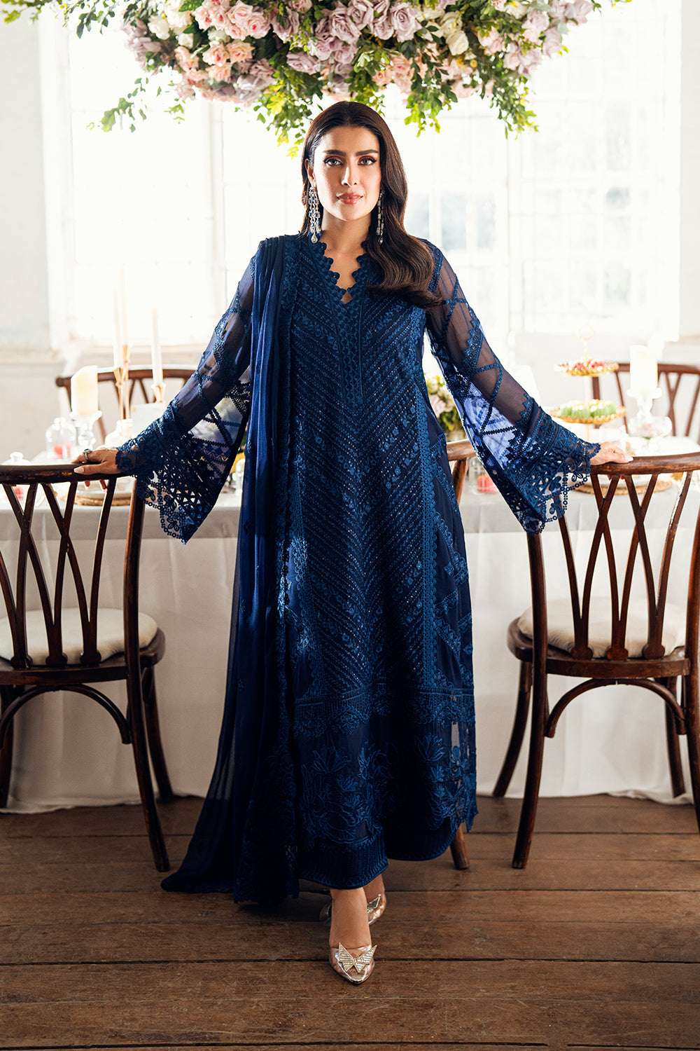 Elegant Navy Blue Sequins Embroidered Chiffon Pakistani Party Dress