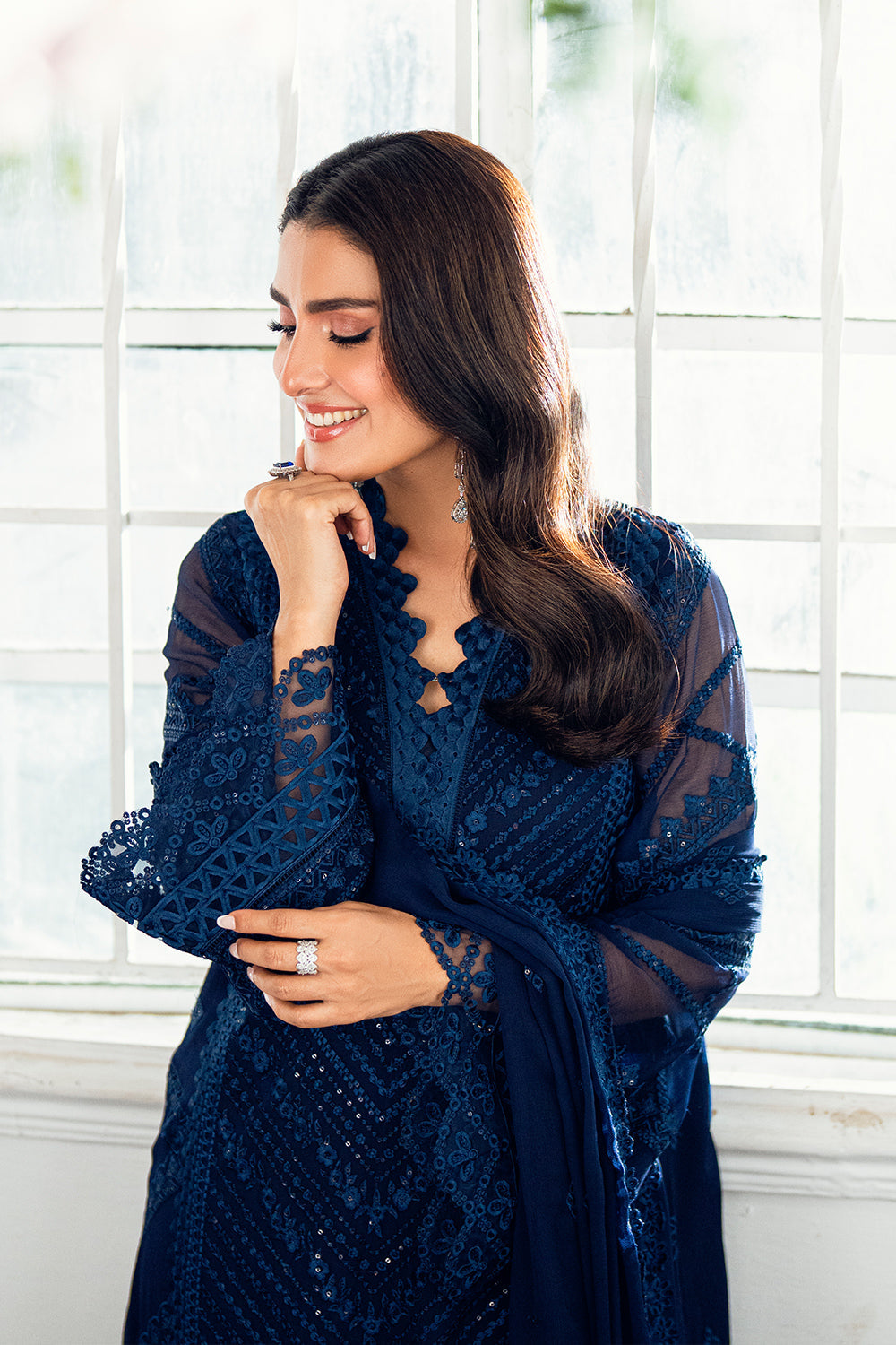 Elegant Navy Blue Sequins Embroidered Chiffon Pakistani Party Dress