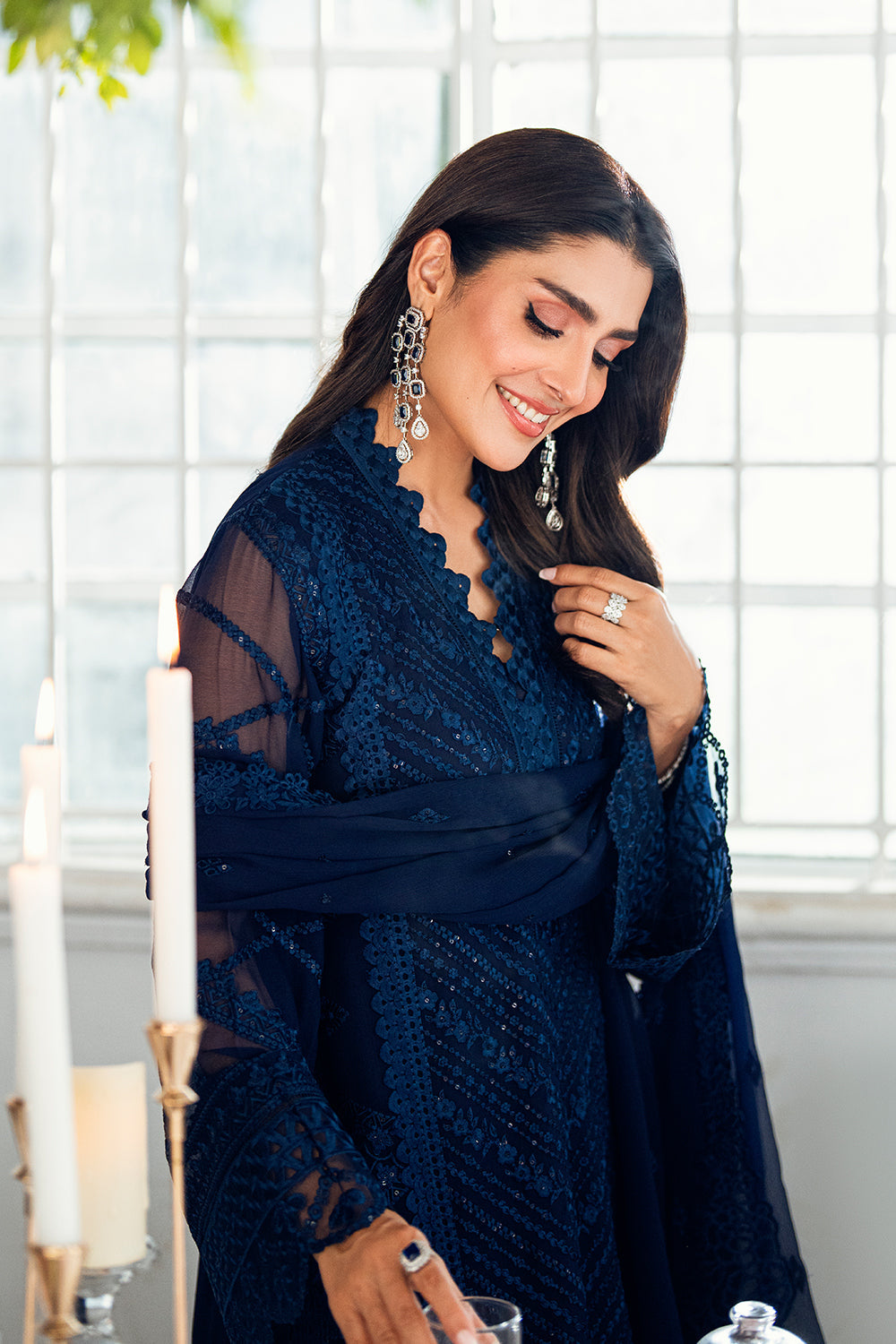 Elegant Navy Blue Sequins Embroidered Chiffon Pakistani Party Dress