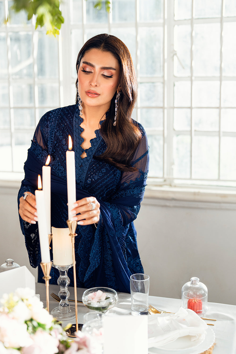Elegant Navy Blue Sequins Embroidered Chiffon Pakistani Party Dress