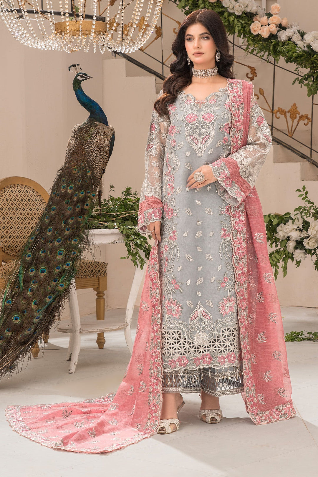 Embroidered Organza Gown With Dupatta E96C