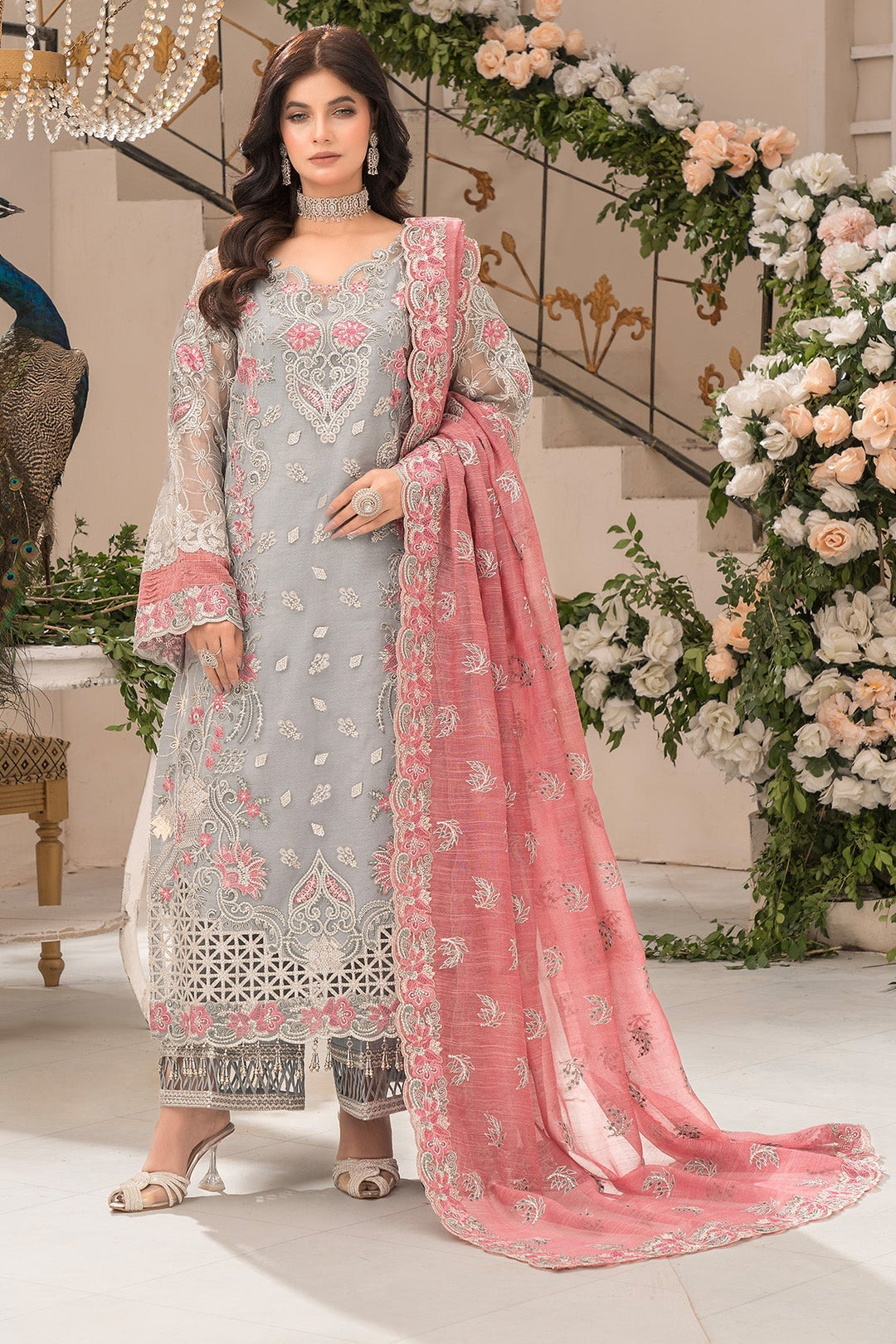 Embroidered Organza Gown With Dupatta E96C