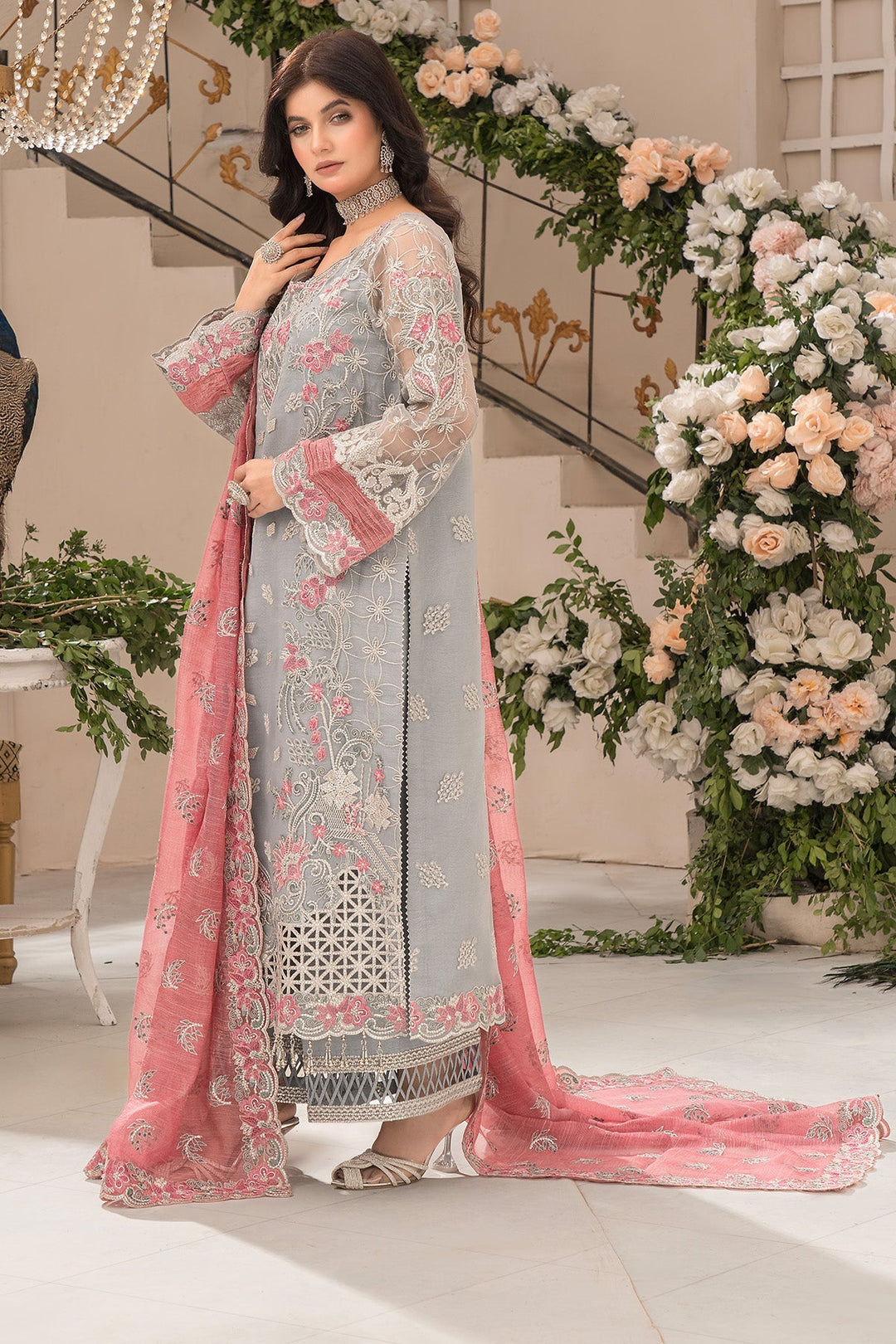 Embroidered Organza Gown With Dupatta E96C