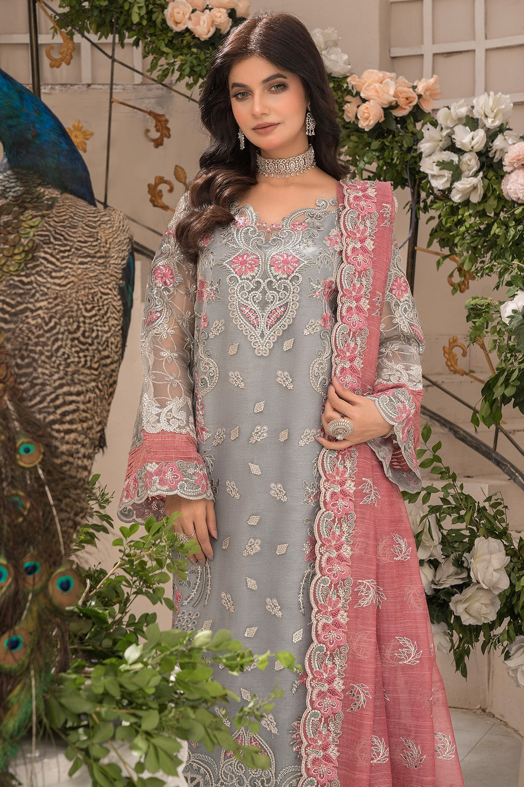 Embroidered Organza Gown With Dupatta E96C