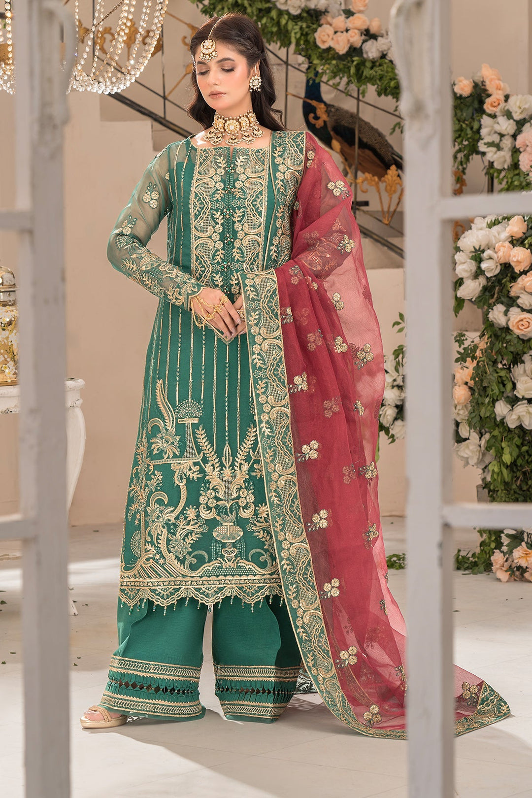 Embroidered Organza Gown With Dupatta E96C