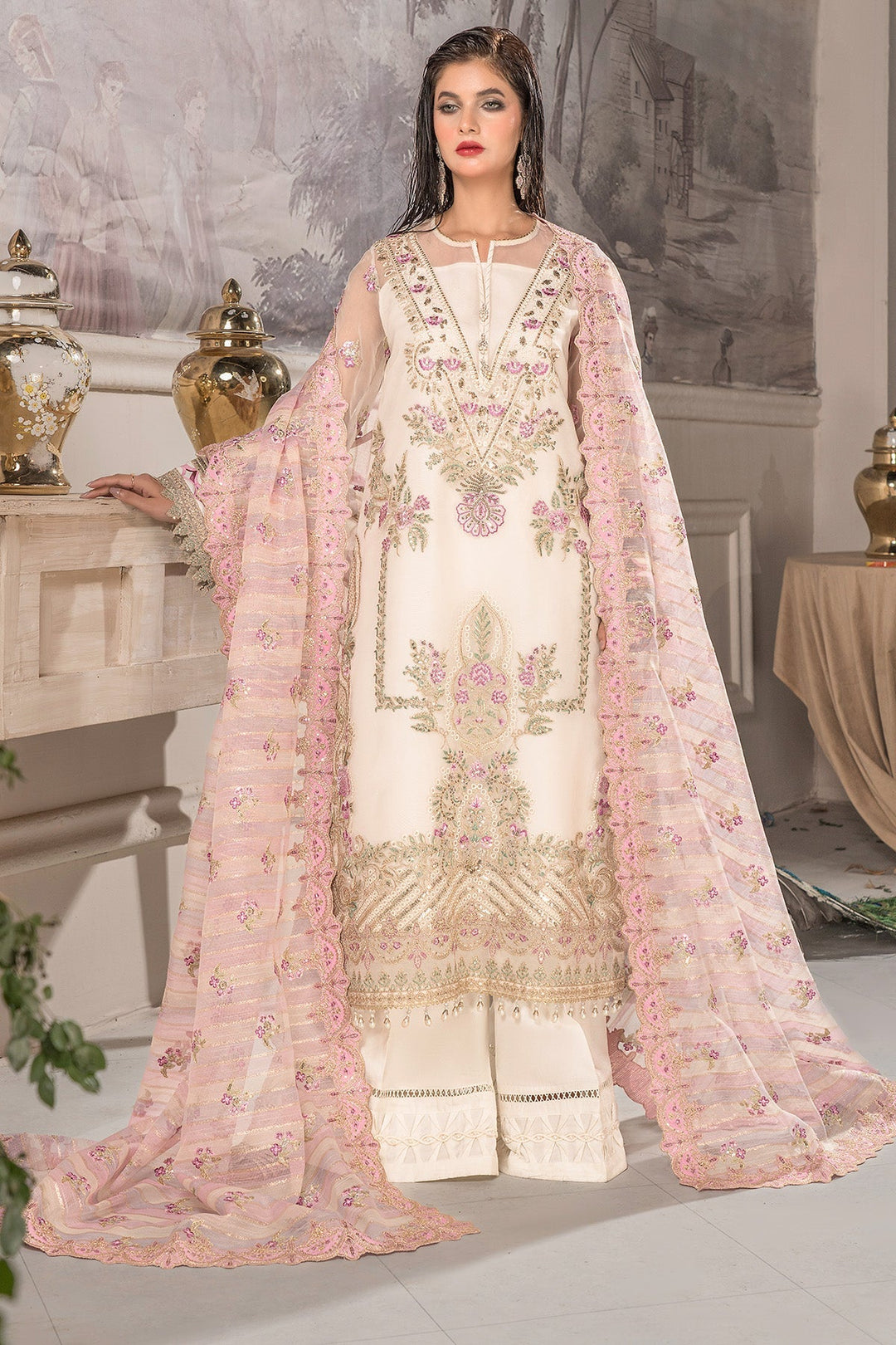 Embroidered Organza Lehenga With Dupatta 519A