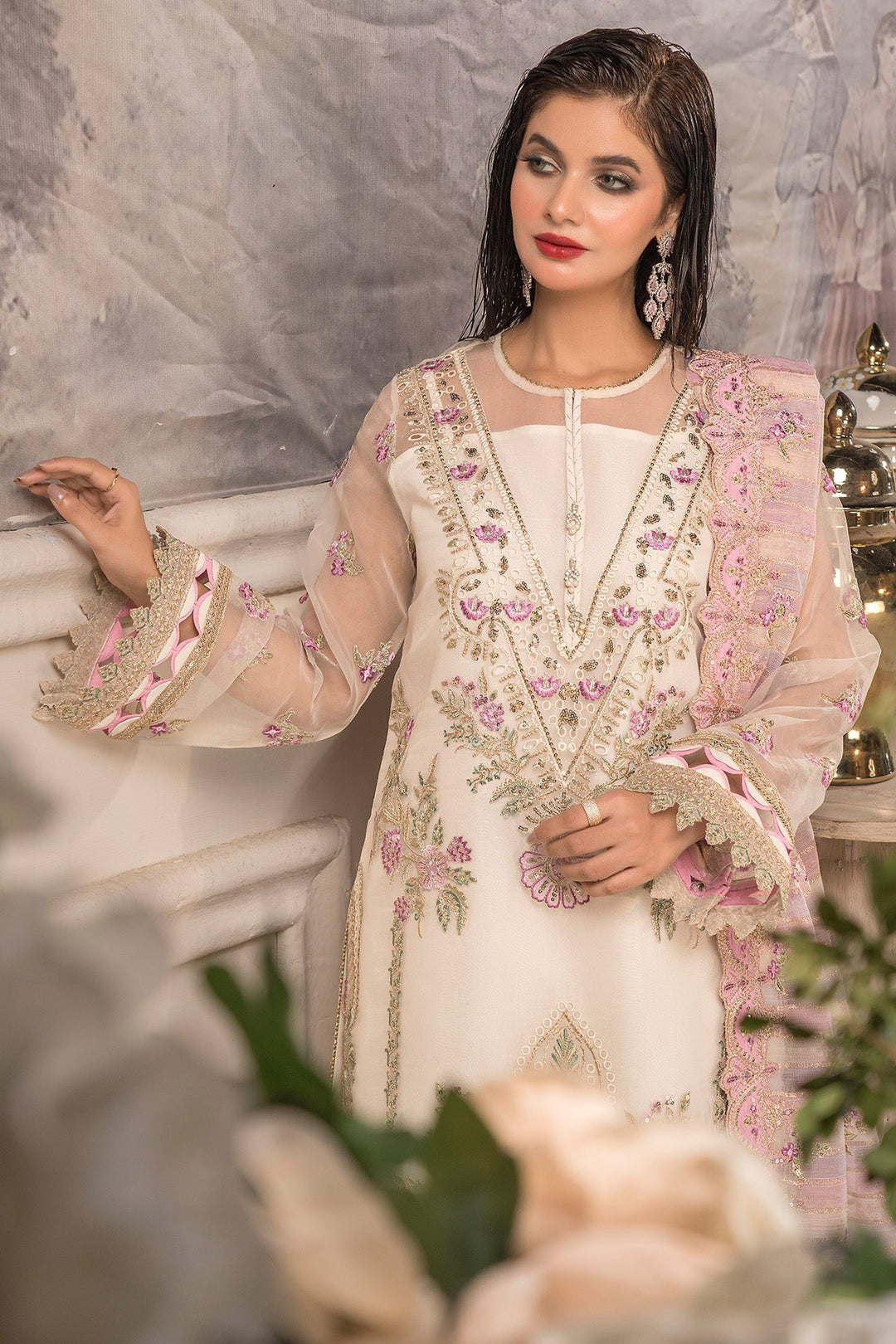 Embroidered Organza Lehenga With Dupatta 519A