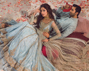 Ice Blue Double Layered Pishwas Pakistani Bridal Dress In USA