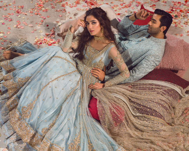 Ice Blue Double Layered Pishwas Pakistani Bridal Dress In USA