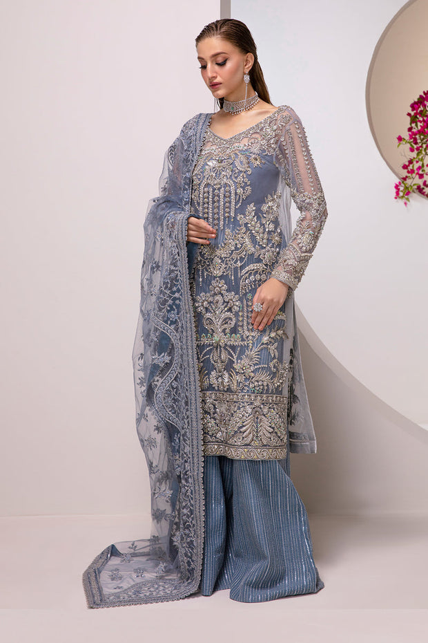 Ice Blue Embroidered Pakistani Wedding Dress in Kameez Gaharara Style