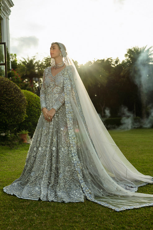 Ice Blue Pakistani Bridal Dress in Gown Lehenga Style Online