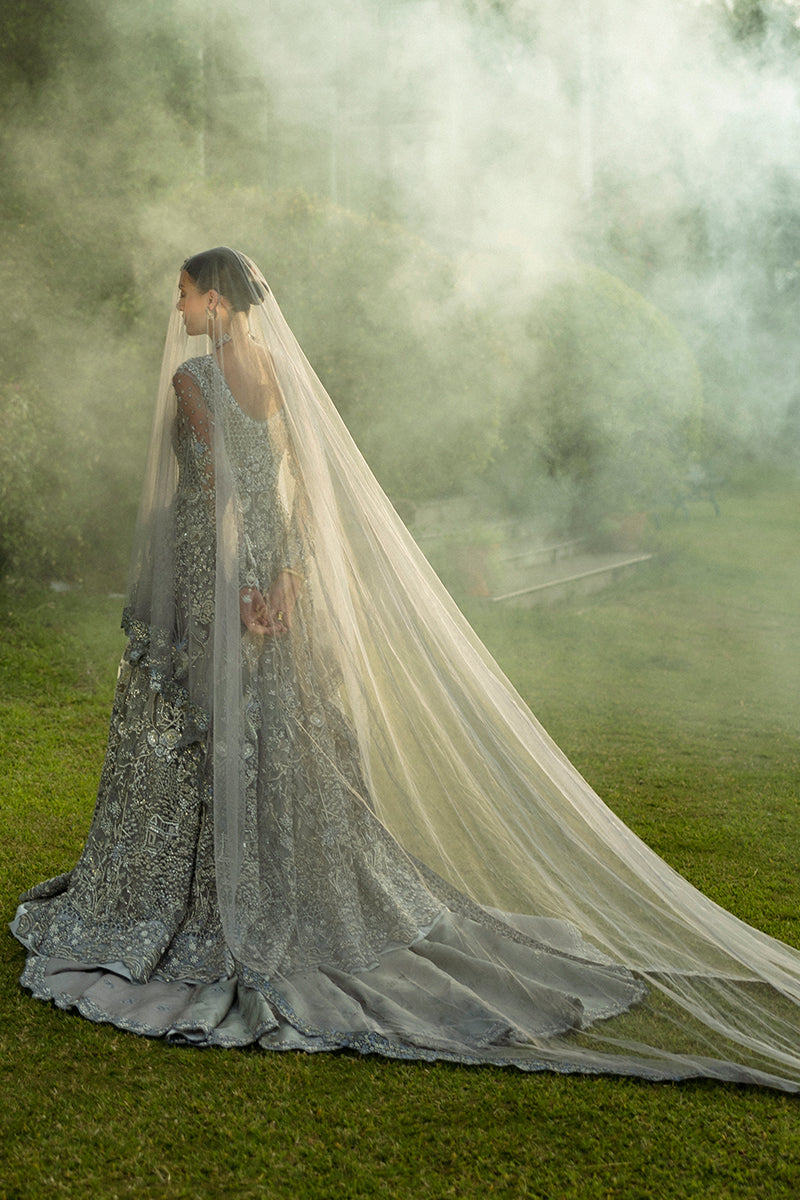 Ice Blue Pakistani Bridal Dress in Gown and Lehenga Style
