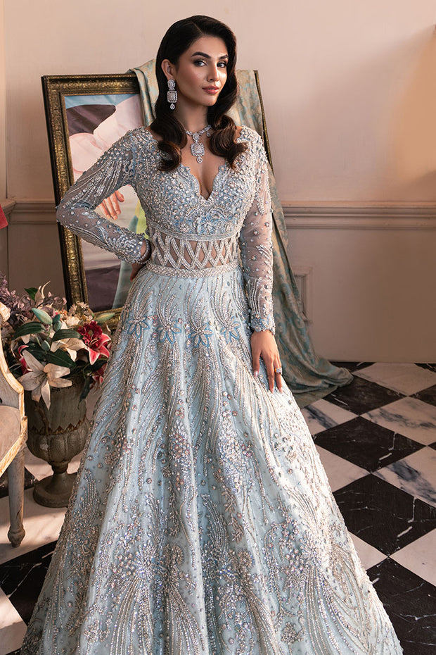Ice Blue Pakistani Bridal Dress in Gown and Veil Style – Nameera by Farooq