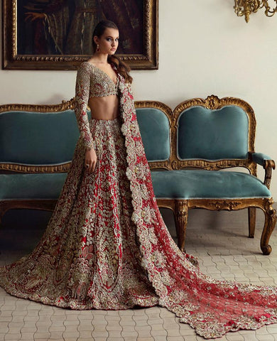 red indian wedding dress True Bridal Lehenga BL-125  Nazranaa embellished lehenga featuring intricate zardozi Indian Bridal Bridal Red And