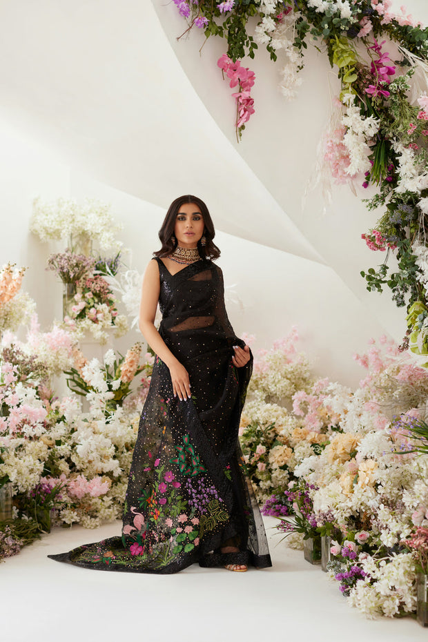 Indian Wedding Dress in Elegant Black Net Saree Style Nameera by Farooq Indian Wedding Dress in Elegant Black Net Saree Style Nameera by Farooq