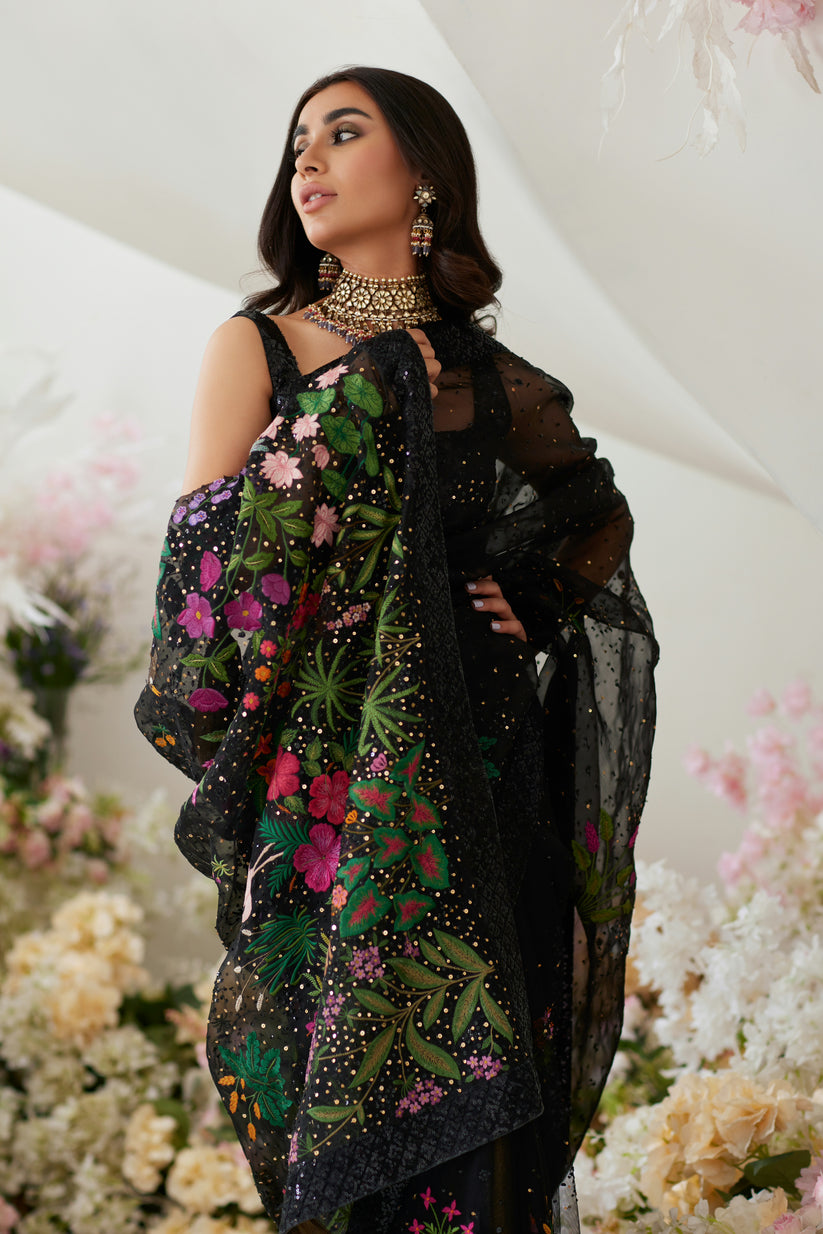 black dress for indian wedding in Elegant Net Saree Style – Nameera by Farooq Bridal lehenga