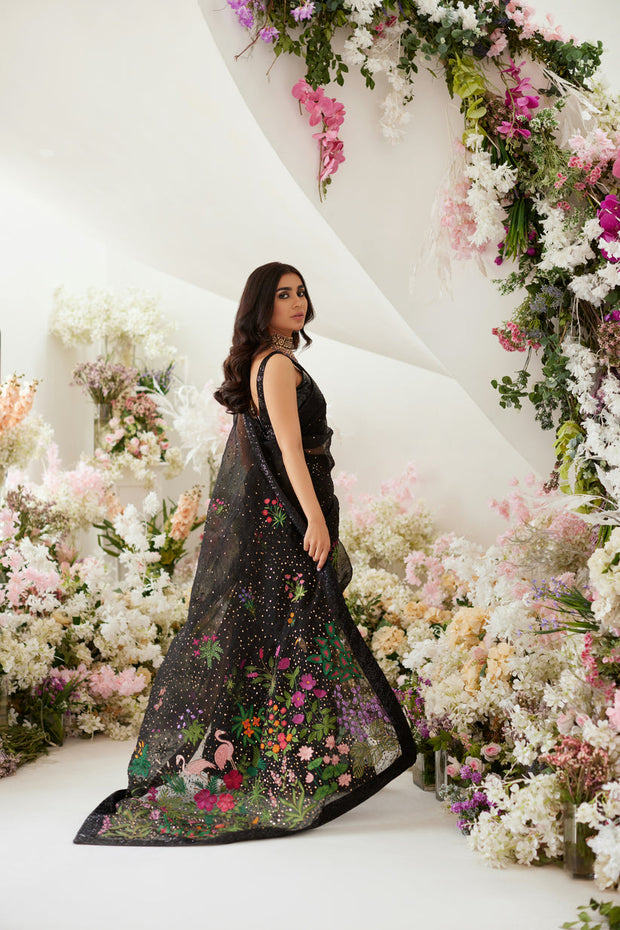 Indian Wedding Dress in Elegant Black Net Saree Style CUSTOM SIZES Indian Wedding Dress in Elegant Black Net Saree Style CUSTOM SIZES