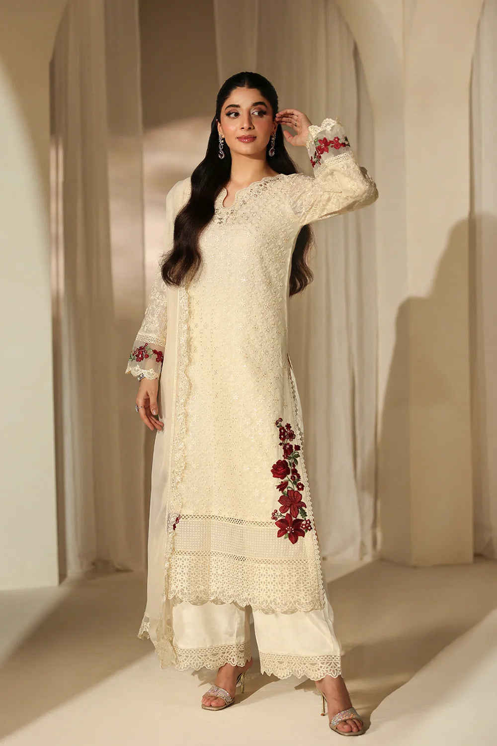 Elegant Ivory Sequins Embroidered Khaddi Net Pakistani Party Dress