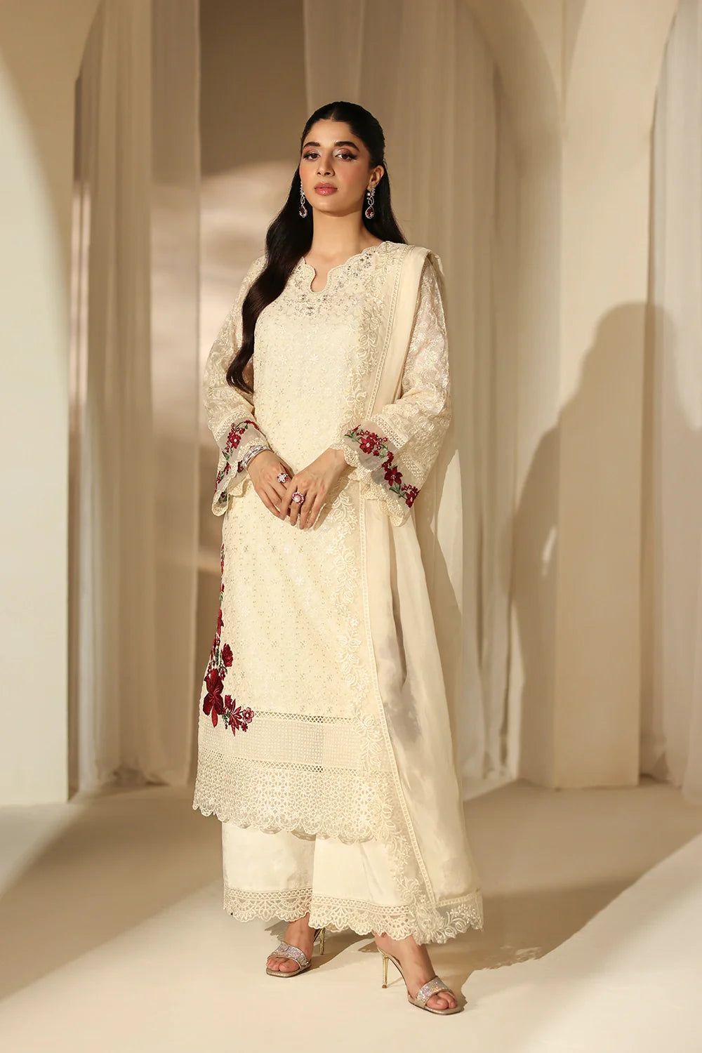 Elegant Ivory Sequins Embroidered Khaddi Net Pakistani Party Dress