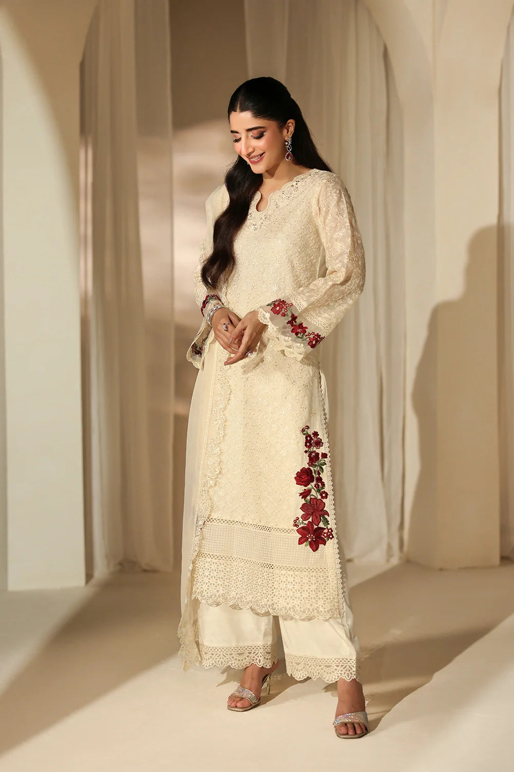 Elegant Ivory Sequins Embroidered Khaddi Net Pakistani Party Dress