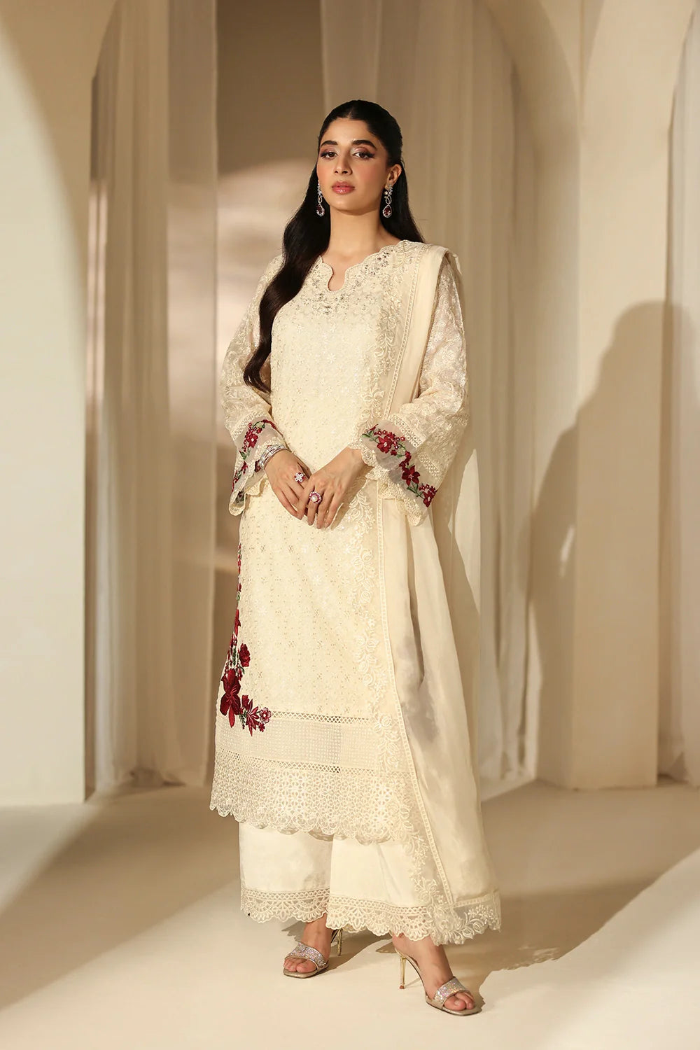Elegant Ivory Sequins Embroidered Khaddi Net Pakistani Party Dress