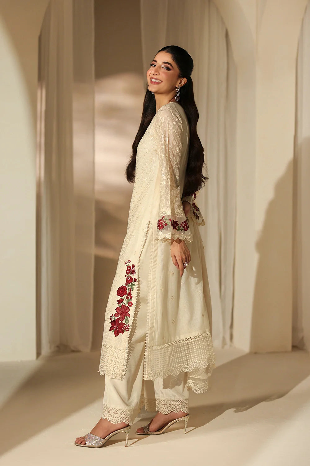Elegant Ivory Sequins Embroidered Khaddi Net Pakistani Party Dress