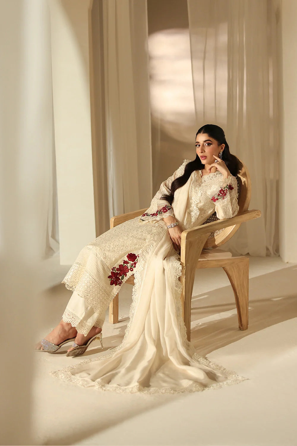 Elegant Ivory Sequins Embroidered Khaddi Net Pakistani Party Dress