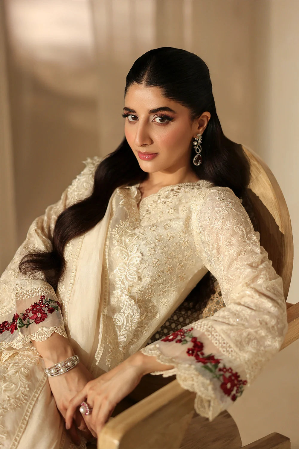 Elegant Ivory Sequins Embroidered Khaddi Net Pakistani Party Dress