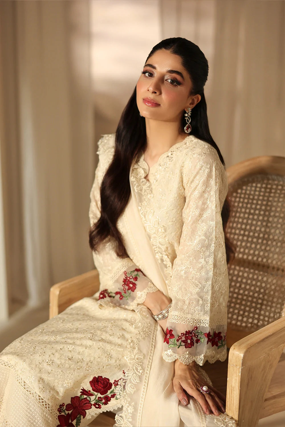 Elegant Ivory Sequins Embroidered Khaddi Net Pakistani Party Dress