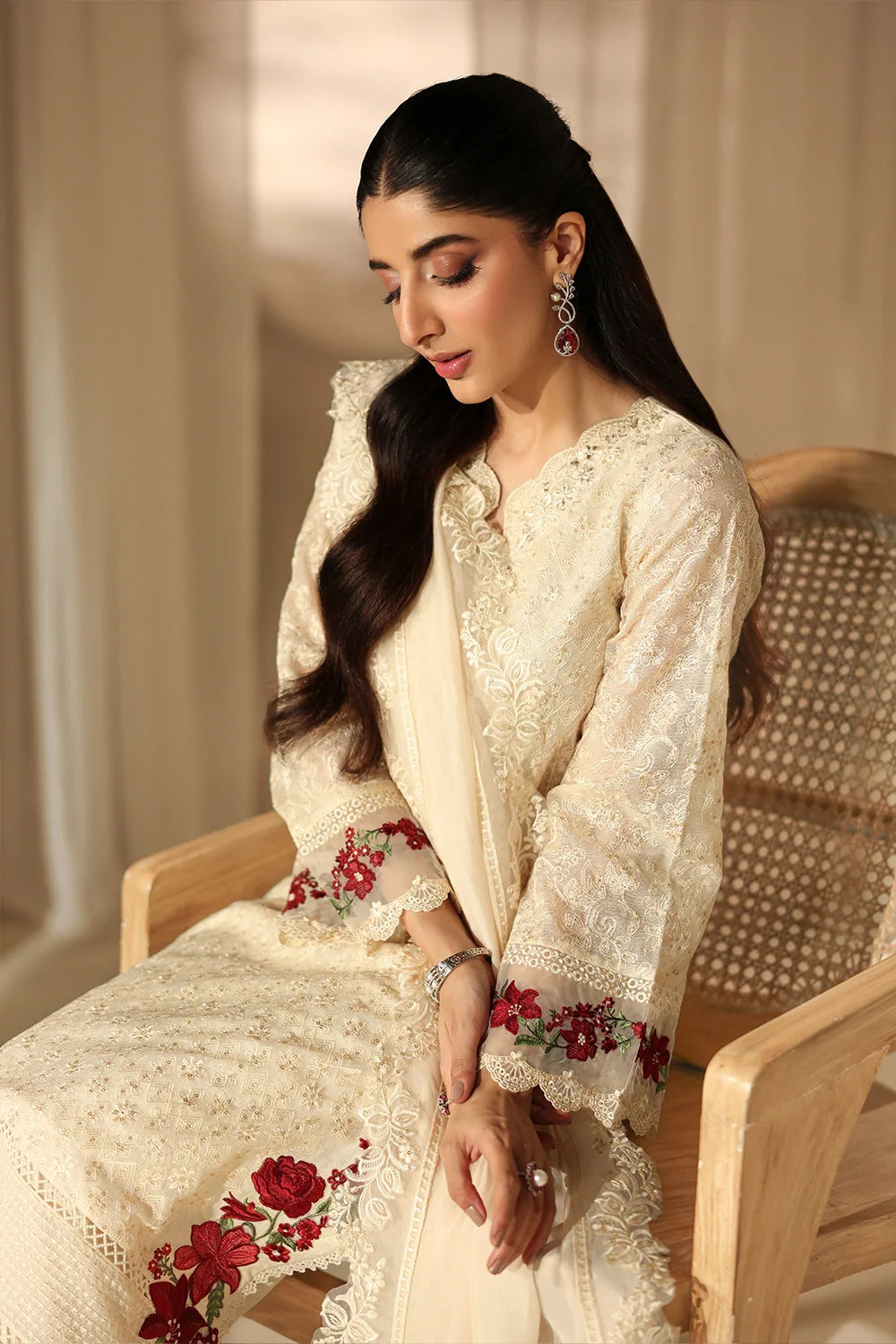 Elegant Ivory Sequins Embroidered Khaddi Net Pakistani Party Dress