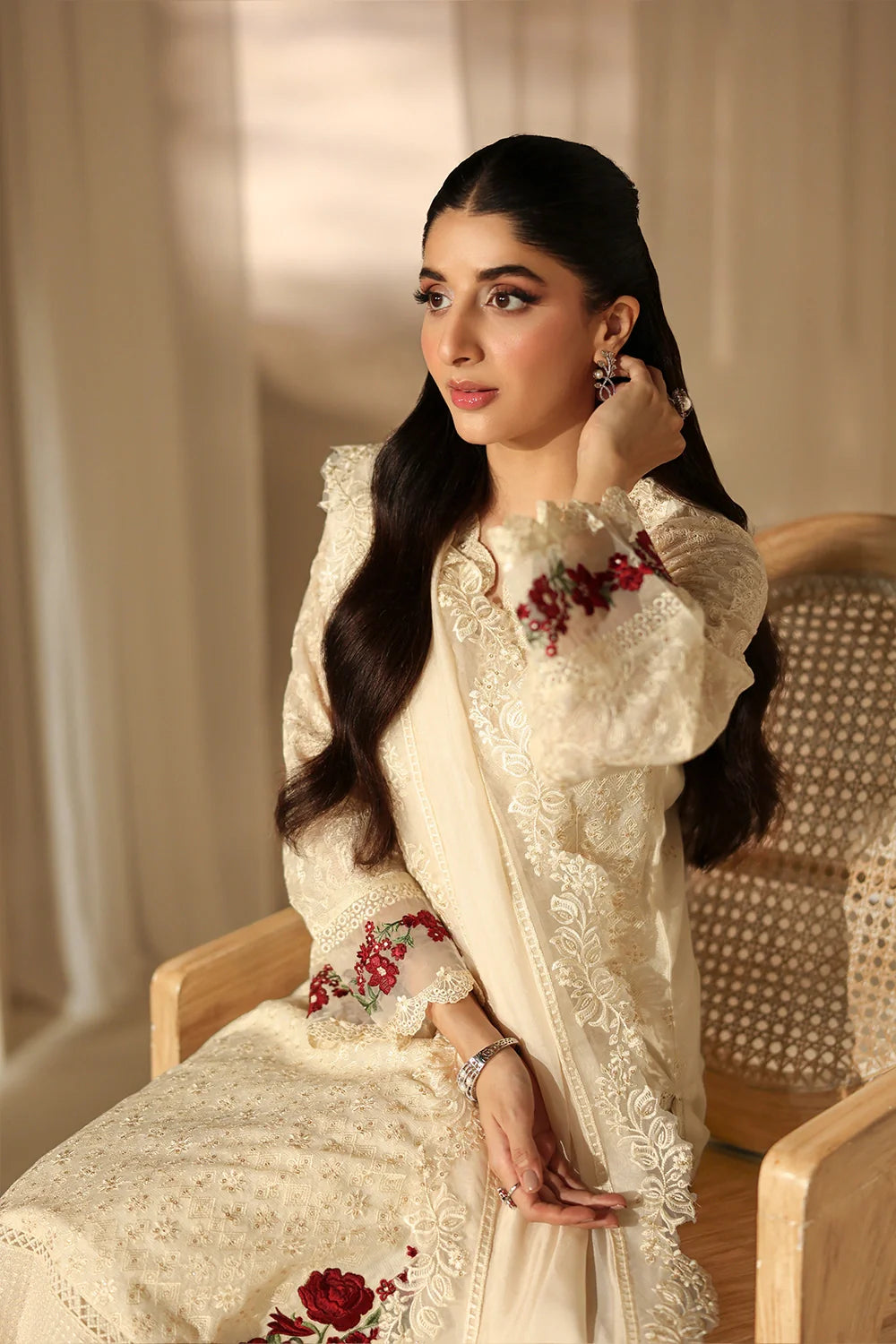 Elegant Ivory Sequins Embroidered Khaddi Net Pakistani Party Dress