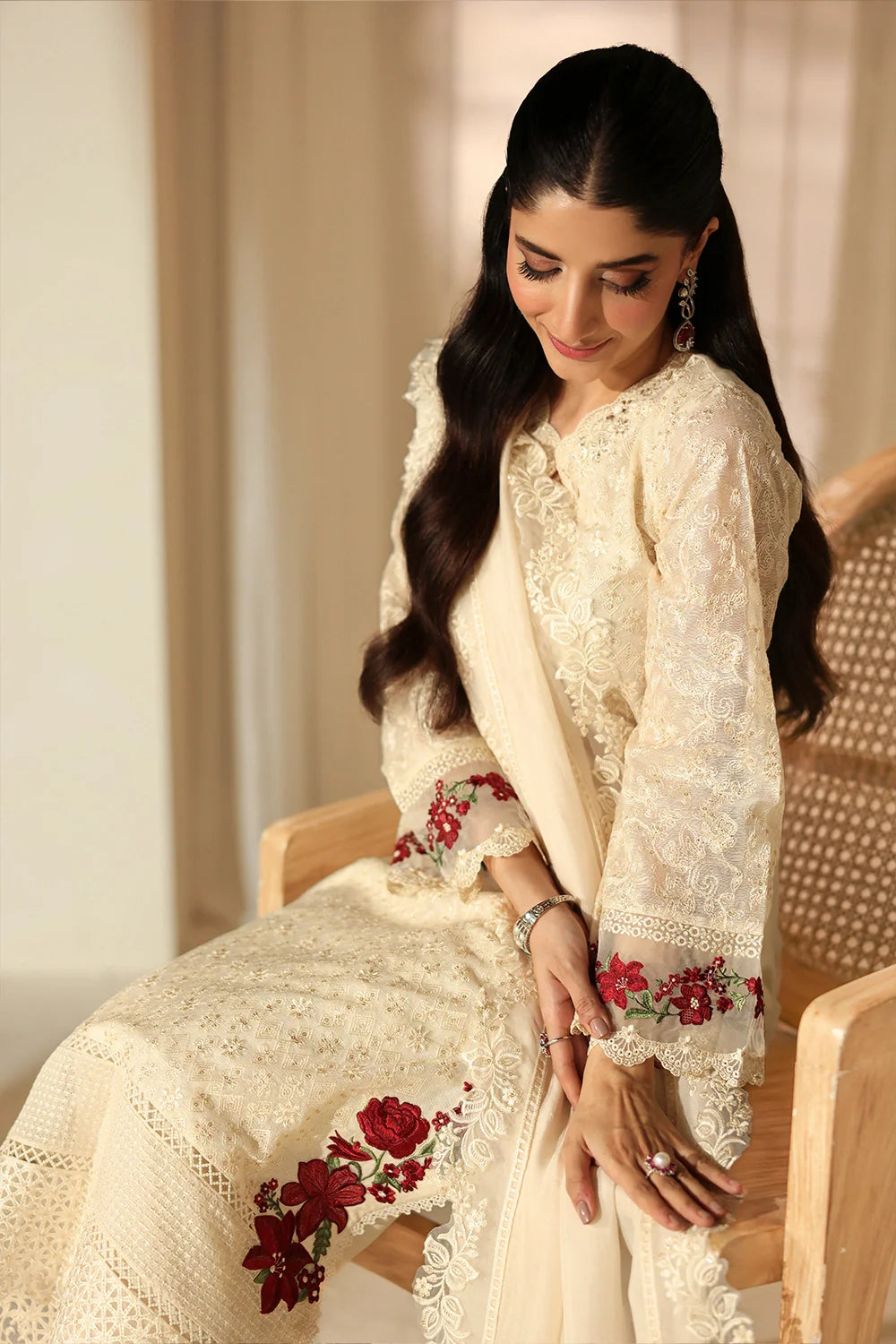 Elegant Ivory Sequins Embroidered Khaddi Net Pakistani Party Dress