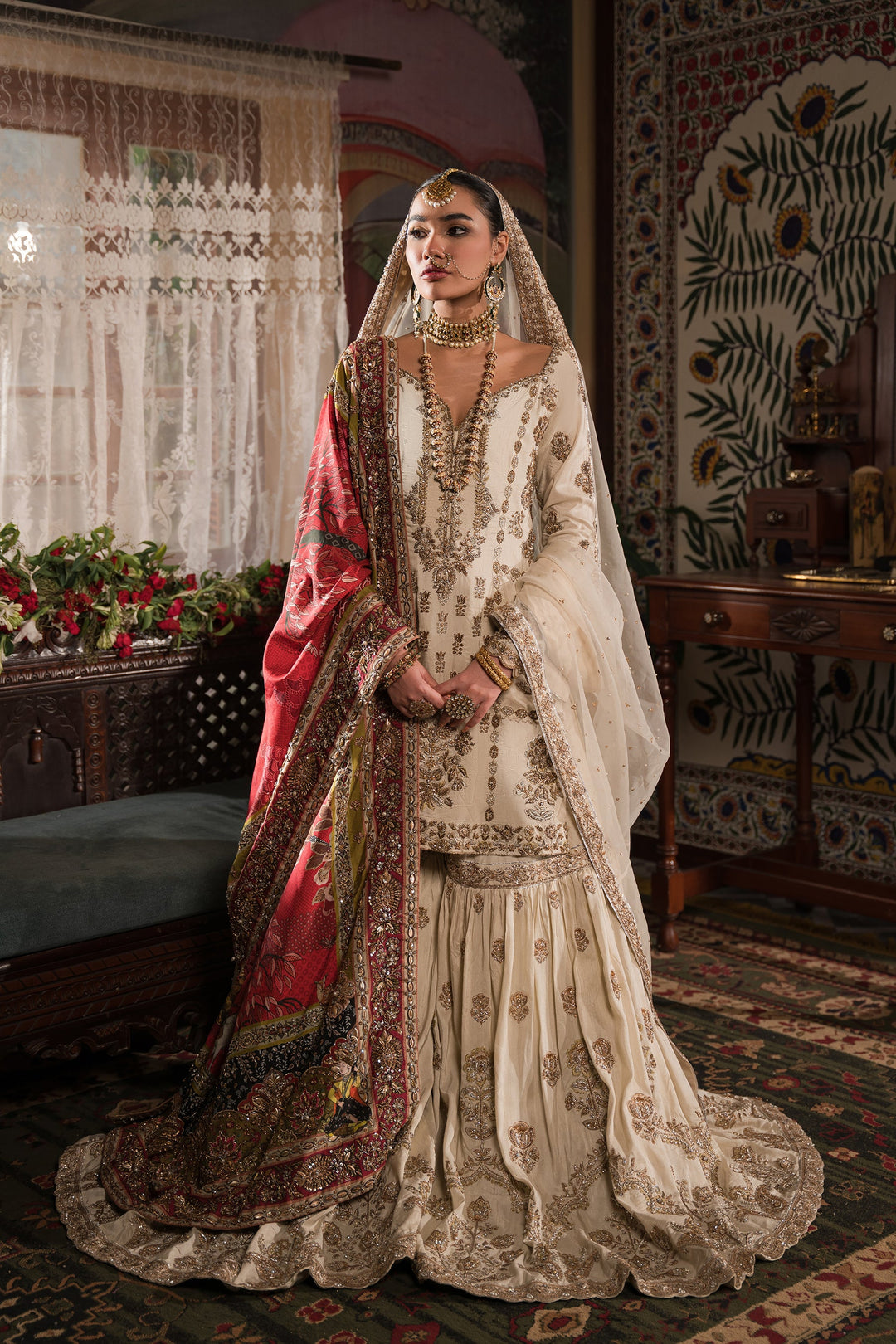 Ivory Embroidered Pakistani Bridal Dress Classic Kameez Gharara