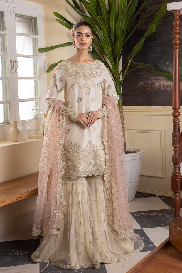 Ivory Embroidered Pakistani Wedding Dress in Kameez Sharara Style 2024