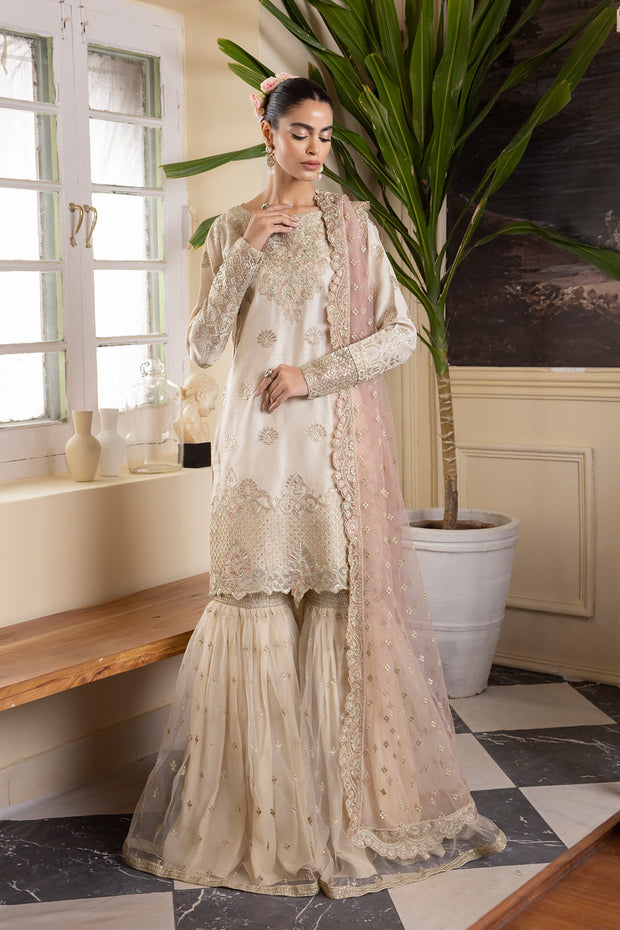 Ivory Embroidered Pakistani Wedding Dress in Kameez Sharara Style