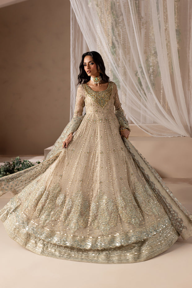 Ivory Gold Pishwas Frock Dupatta Pakistani Bridal Dress Nameera by Farooq Ivory Gold Pishwas Frock Dupatta Pakistani Bridal Dress Nameera by Farooq