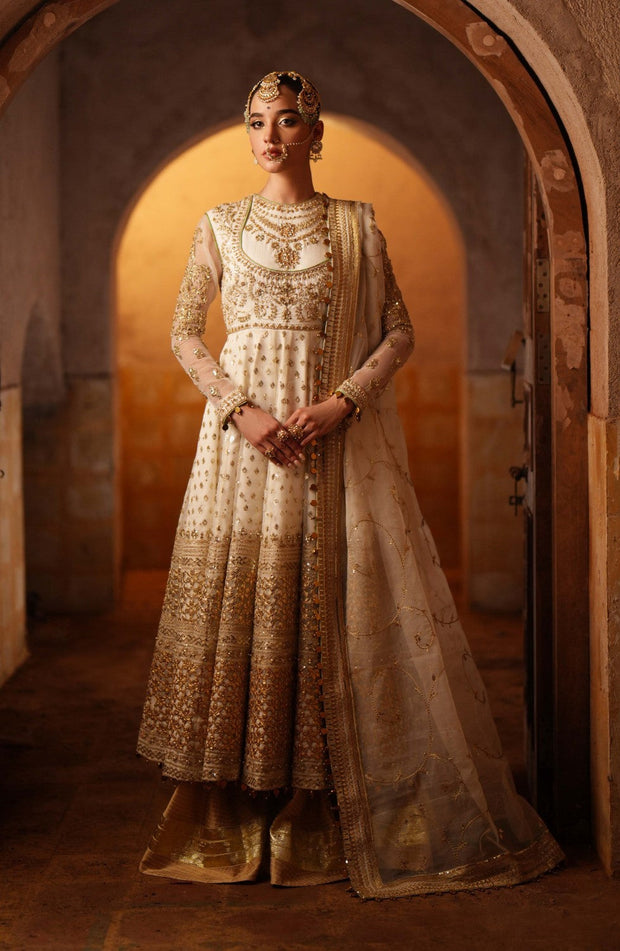 Ivory Pakistani Bridal Outfit in Pishwas Sharara Style