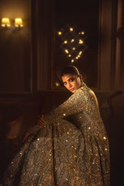 Ivory Gold Embroidered Pakistani Bridal Dress Pishwas Frock Dupatta