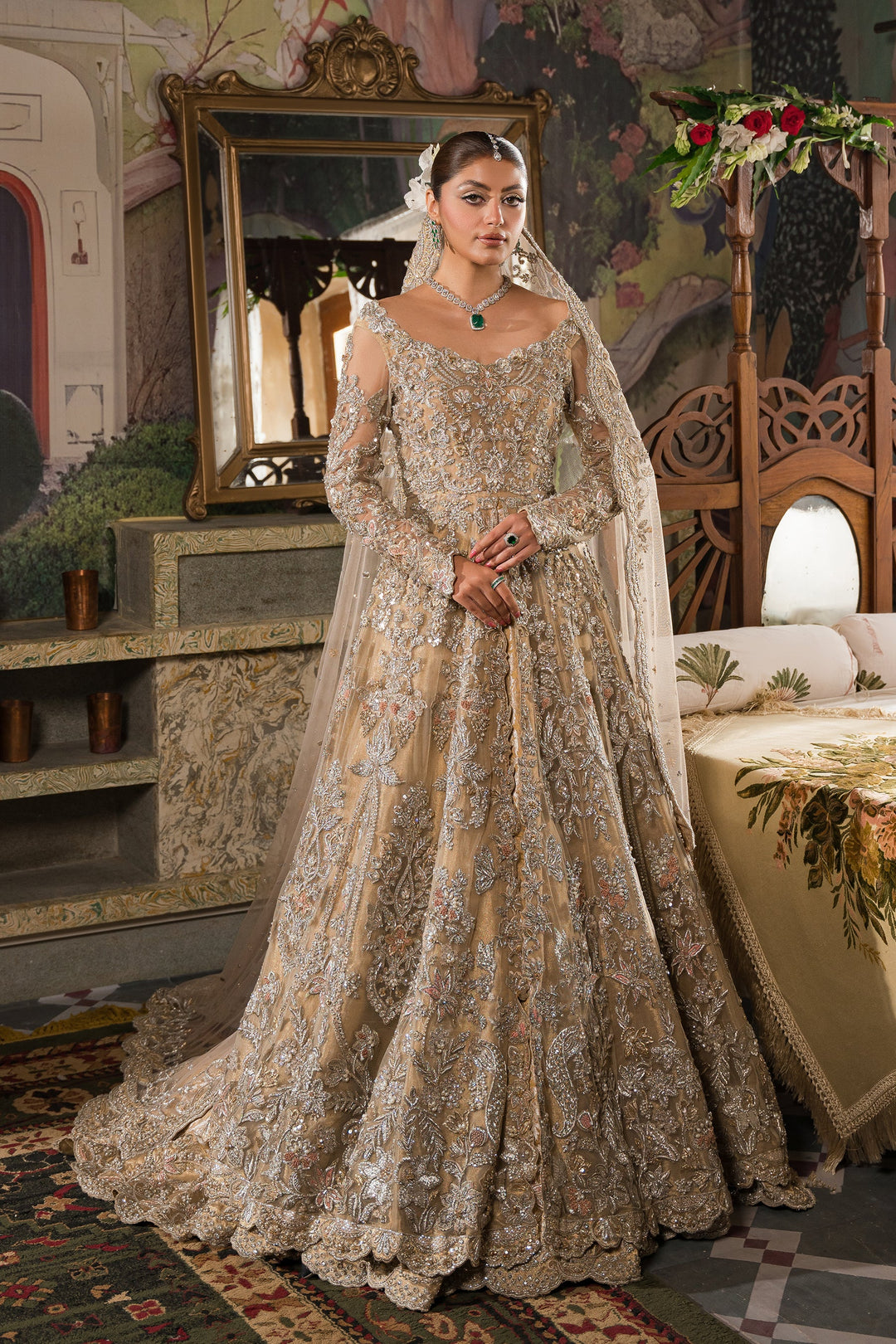 Ivory Pakistani Bridal Dress Heavily Embellished Pishwas Gown