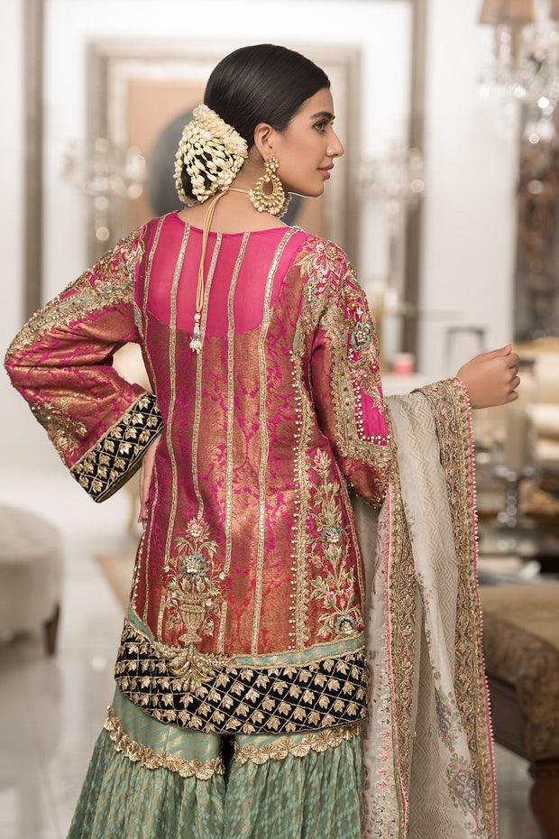 Jamawar Golden Sharara Frock Pakistani Wedding Dresses 2023