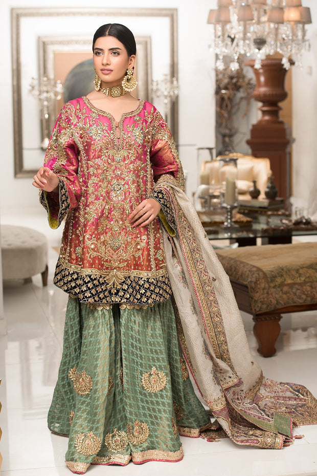 Jamawar Golden Sharara Frock Pakistani Wedding Dresses